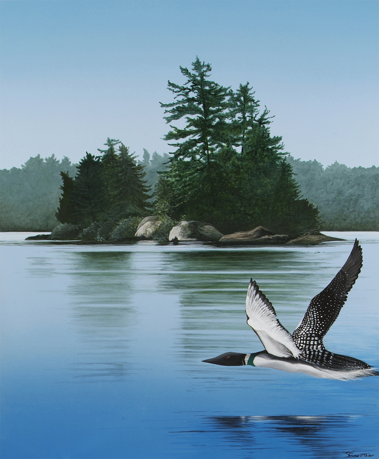 Lake Rosseau island lake scene blues greens with Canada Geese flying up front