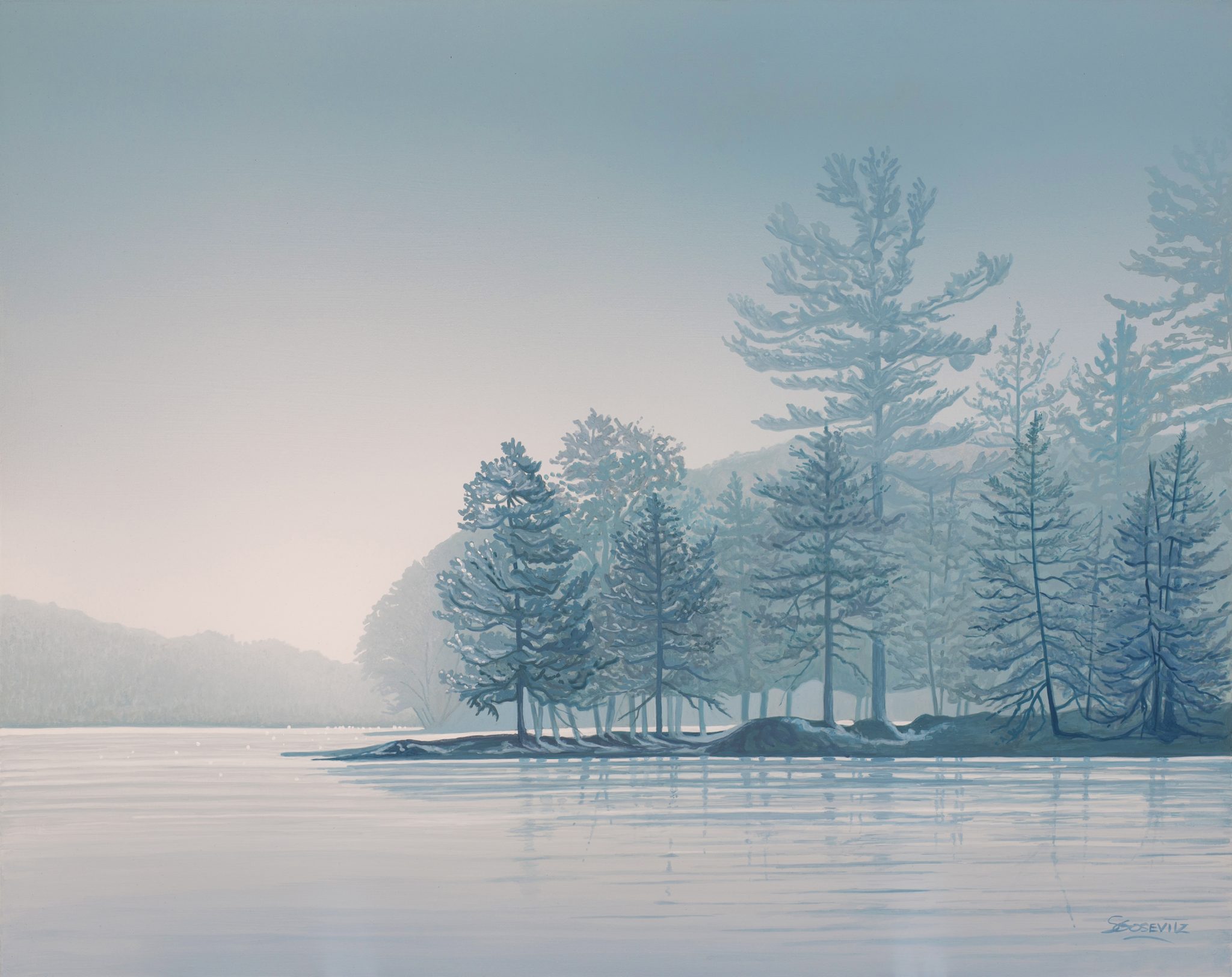 misty early morning lake and islands in Muskoka in blue tones